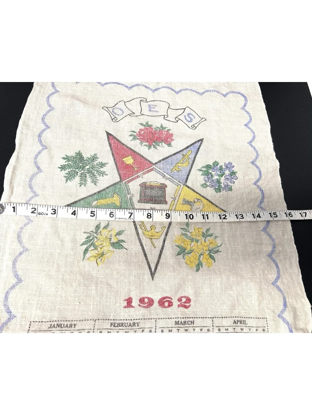 1962 Eastern Star OES Calendar Tea Towel Linen Hand Kitchen Steven’s Linens